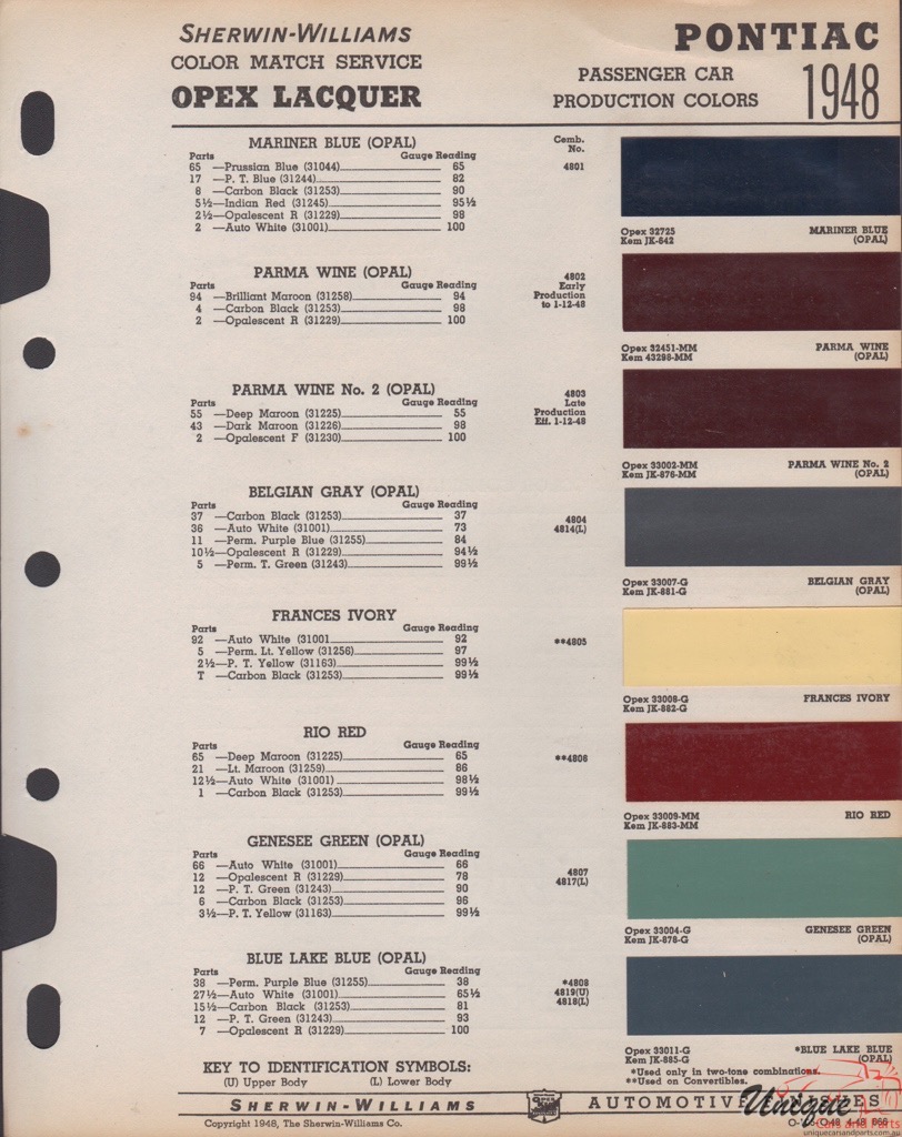 1948 Pontiac Paint Charts Williams 1
